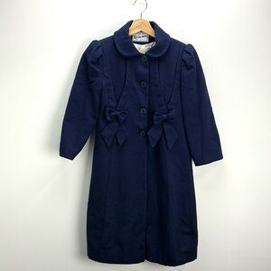 Vintage Rothschild Wool Dress Coat Navy Blue Bows Girls Size 7 Union Made USA